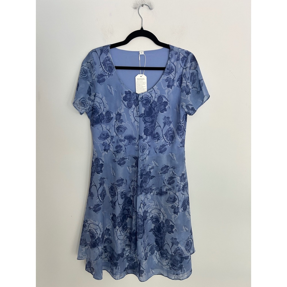 NWT Blue Floral Chiffon Layered Midi Dress Short Sleeve Rose Print Size Large